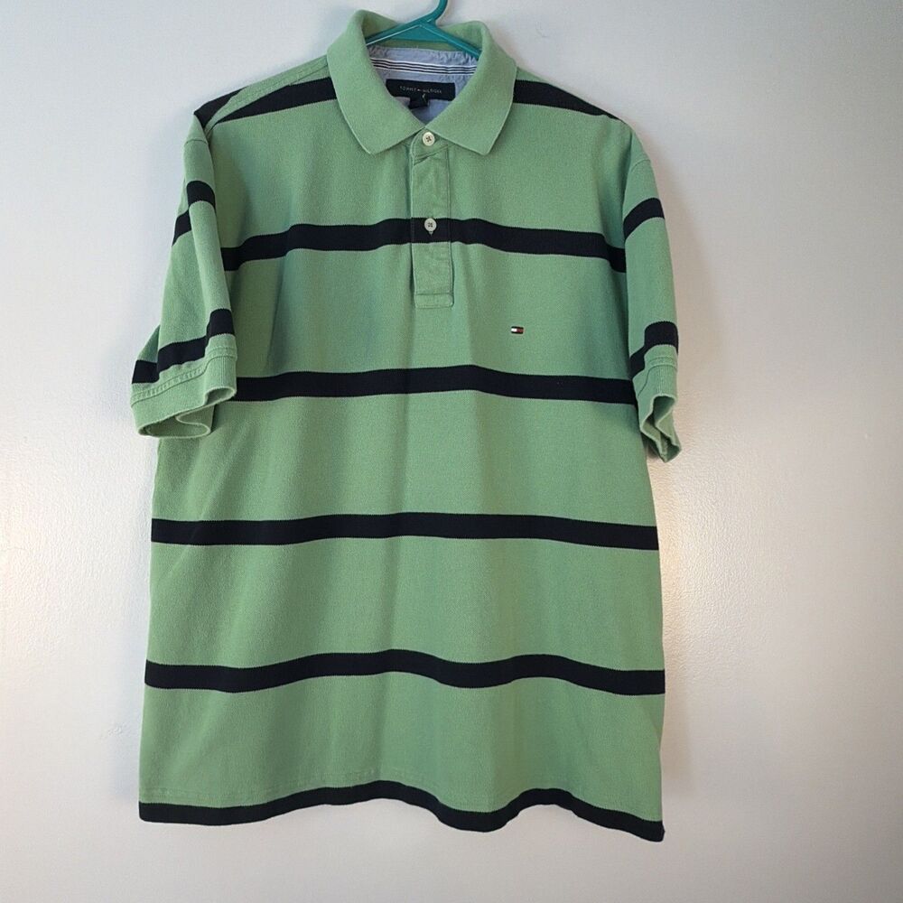 Vintage Tommy Hilfiger Mens L Polo Shirt Striped Lime Green Black Retro 90s Y2K